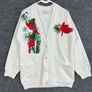 Vintage Cardigan Sweater‎ Women's M Cardinal Bird Snow Graphic Button White